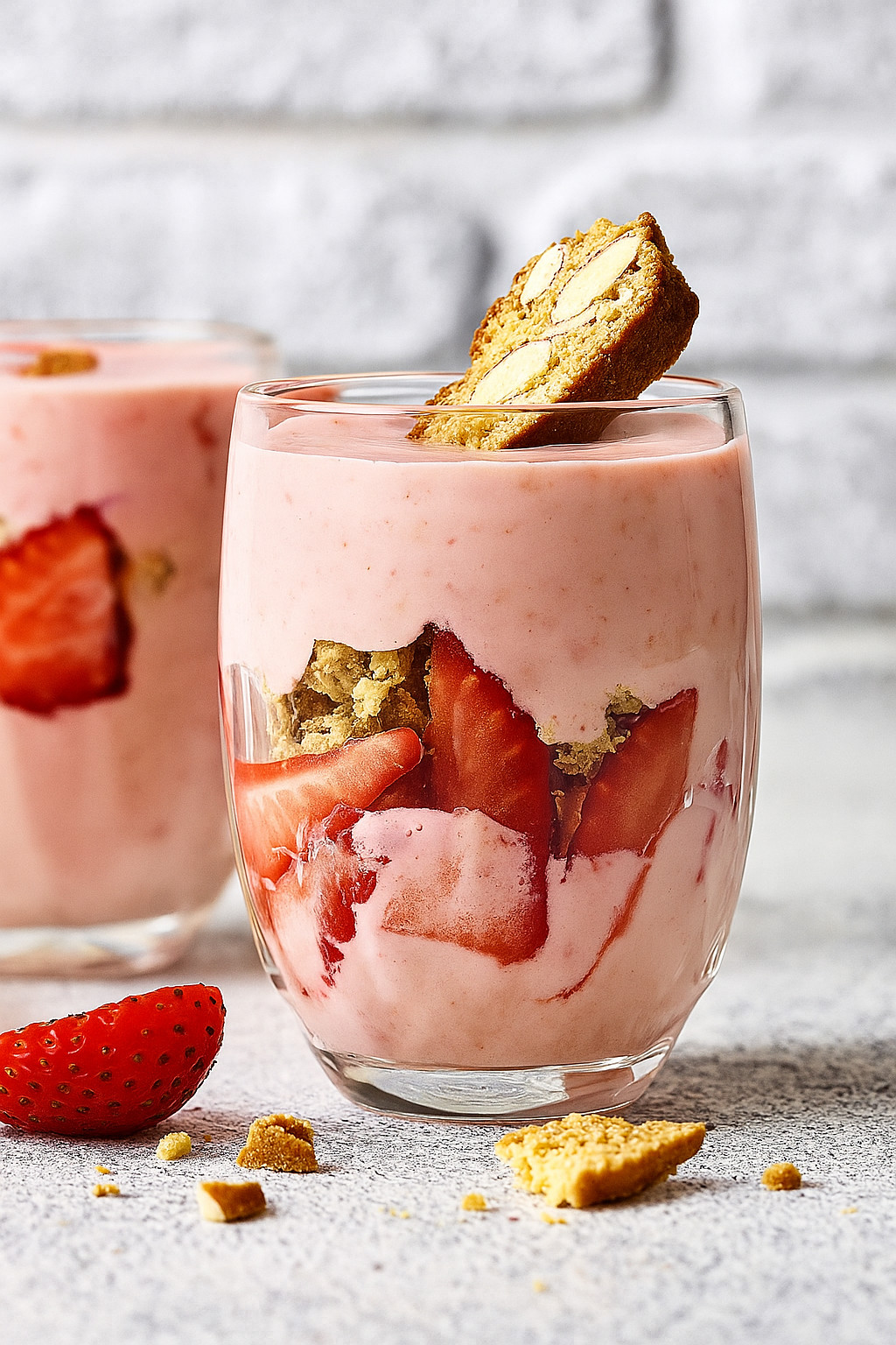 Ein Glas mit Pink-Milch und Strawberries.