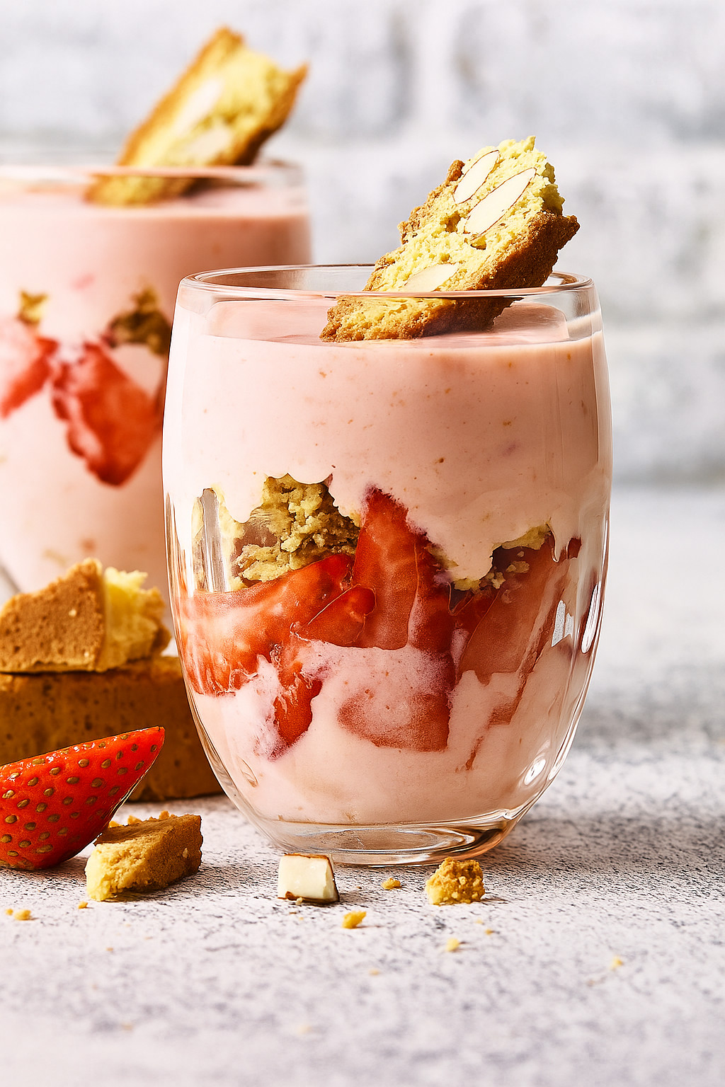 Ein Glas mit Strawberry-Milch und Nüsse.