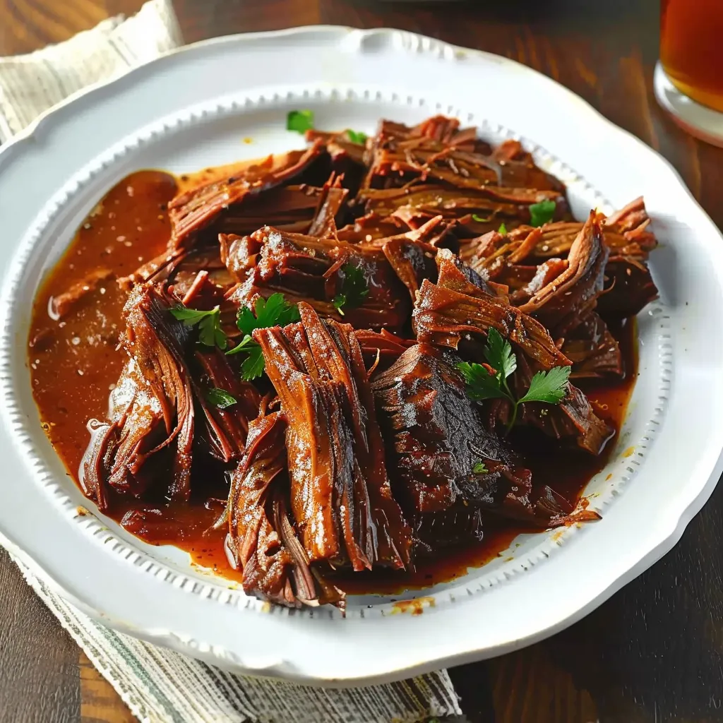 Ein weißer Teller mit einer Mischung aus Fleisch, Sauce und Kräutern.