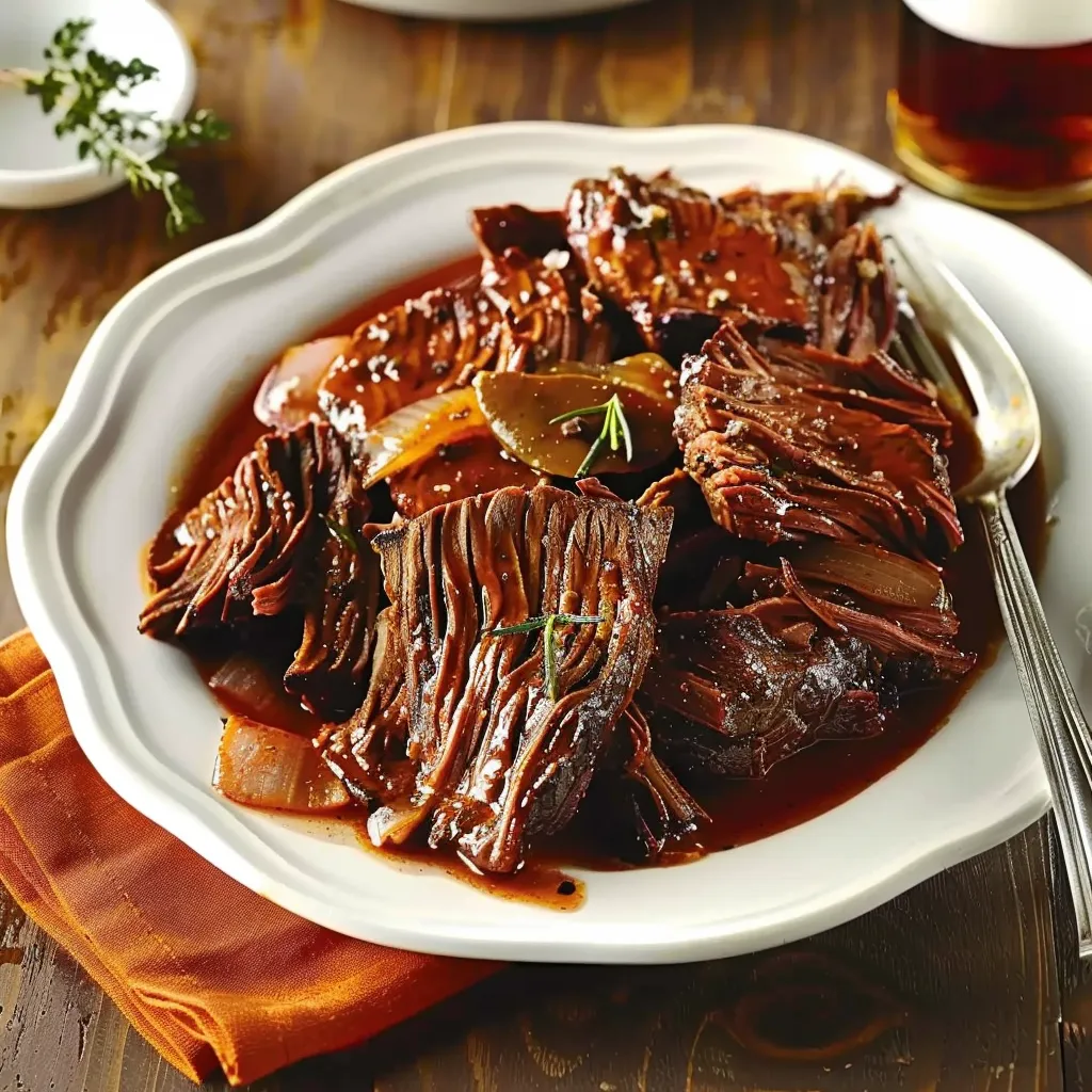 Ein weißer Teller mit einer Portion von Rindfleisch in einer Sauce.