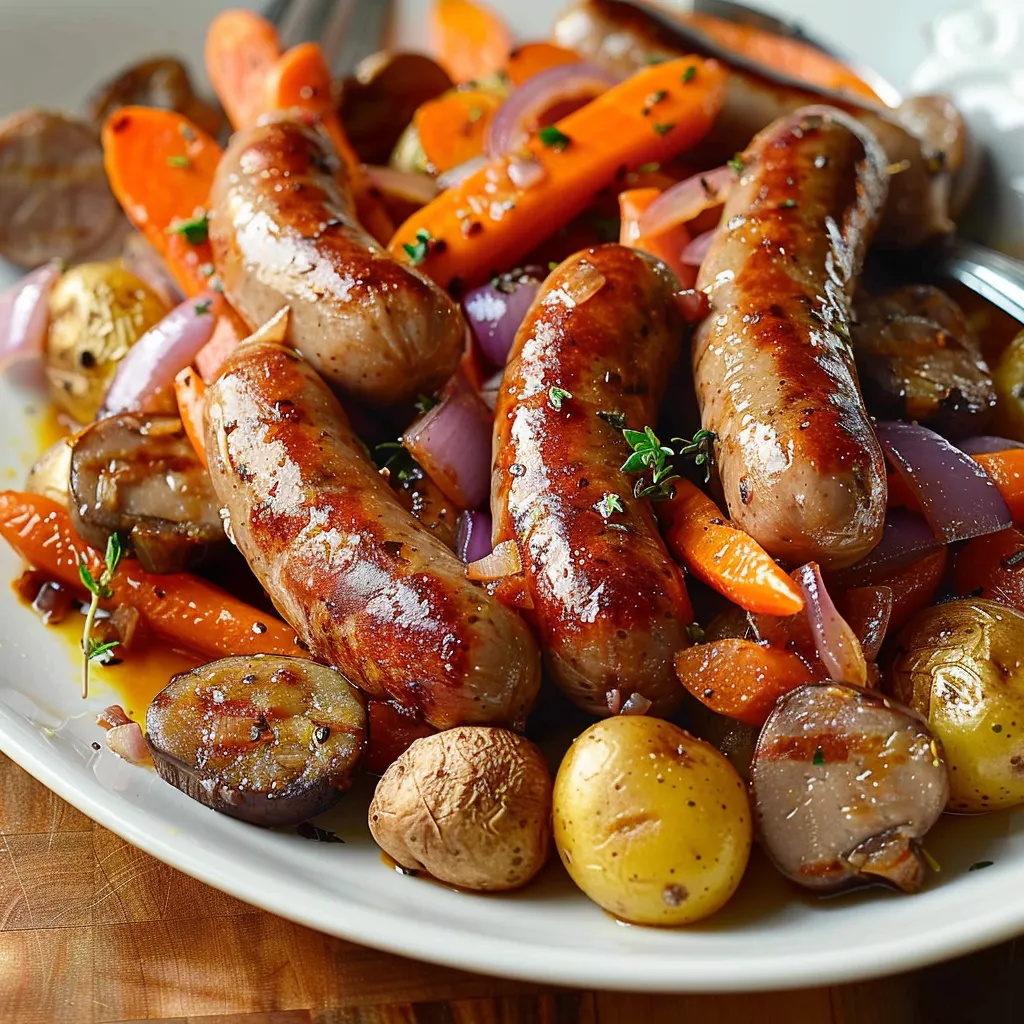Ein weißer Teller mit saurem Essen, darunter Kartoffeln, Paprika, Zwiebeln, Karotten, Kürbis, Rindfleisch, Schweinefleisch und Kartoffeln.