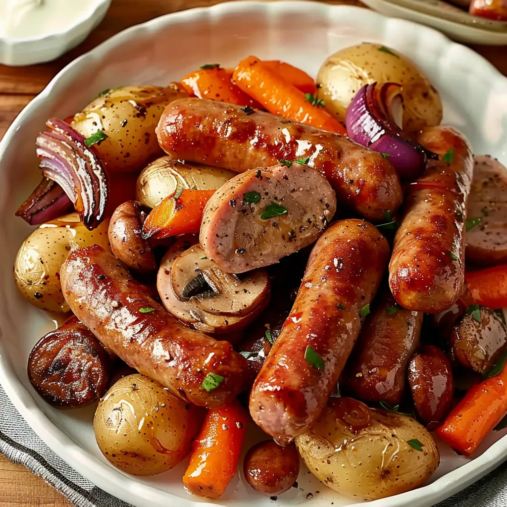 Ein weißer Teller mit einer Mischung aus saurem Käse, Kartoffeln, Zwiebeln, Karotten, Rindfleisch und Sauerkraut.