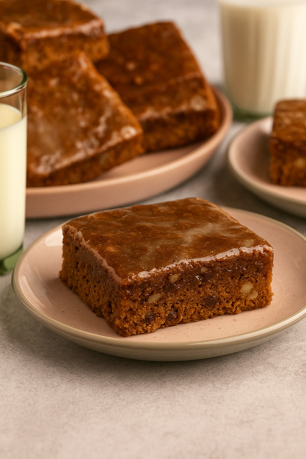 Ein Glas Milch steht auf einem Teller, der mit einem Stück Kuchen gefüllt ist.