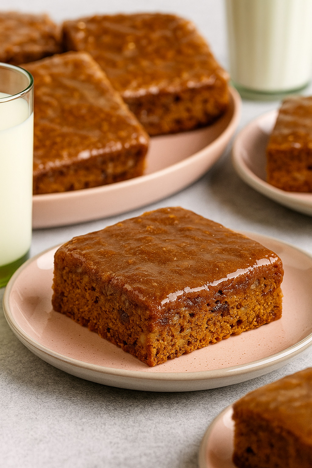 Ein Glas Milch steht auf einem Teller, der mit einem Stück Kuchen gefüllt ist.