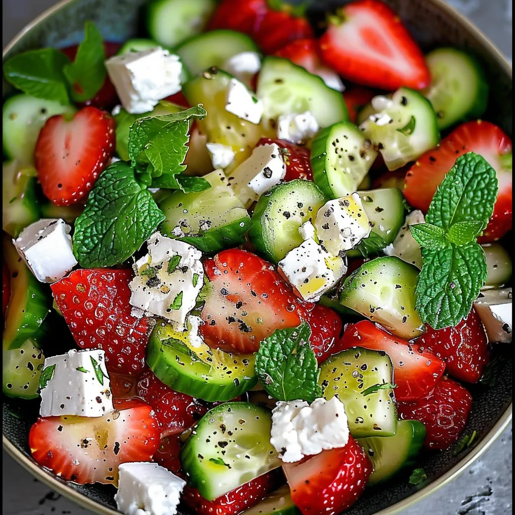 Ein Glas mit einer Mischung aus frischen Beeren, Zucchini, Gurken, Käse und Mint.