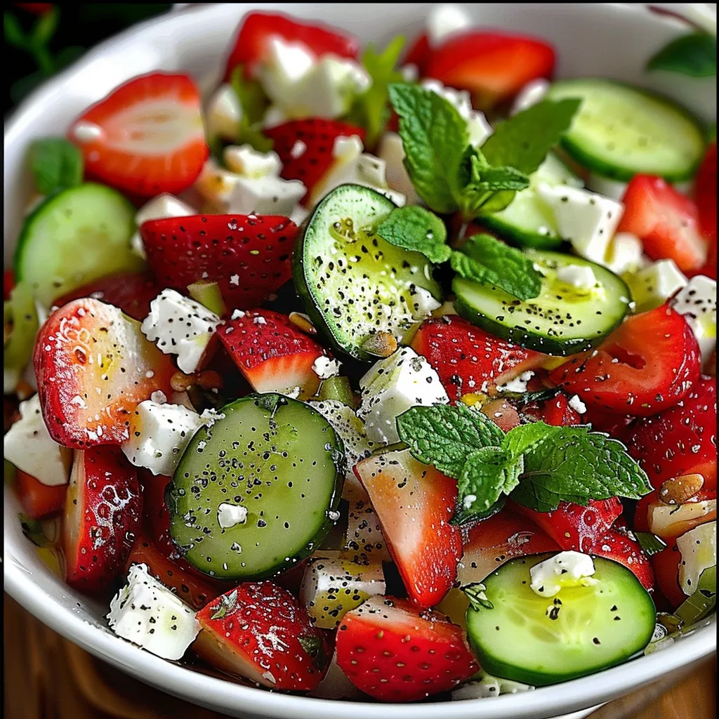 Ein weißer Becher mit einer Mischung aus frischen Zutaten wie Strawberries, Cucumbers, Mint und Feta-Käse.