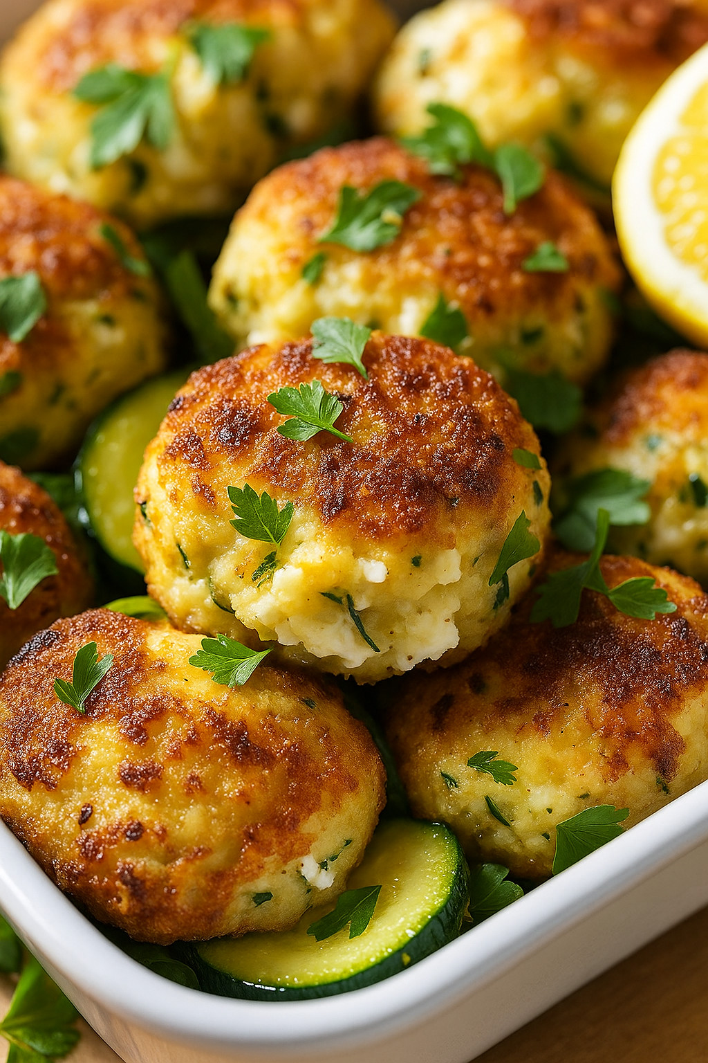 Eine Schüssel mit Zucchini-Knödel und Zwiebeln.