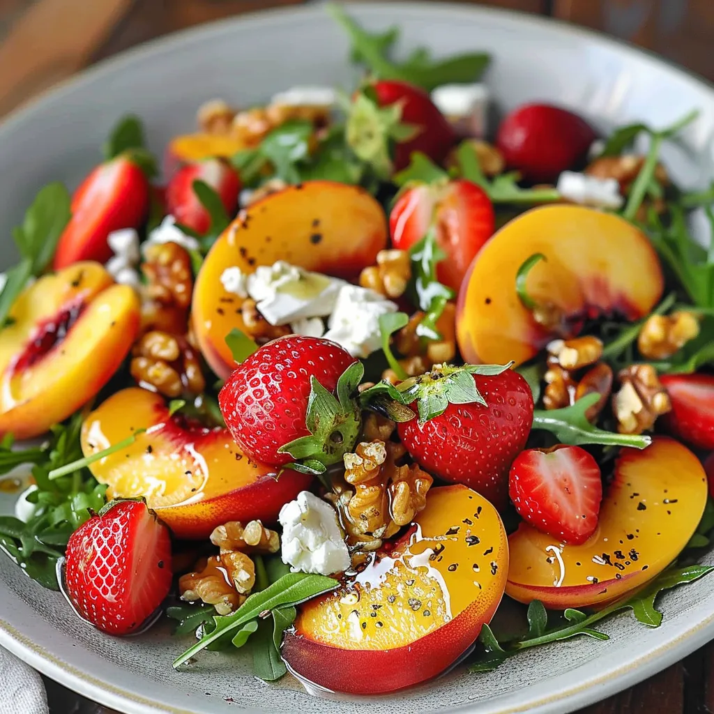 Ein großes, leckeres Salat mit frischen Beeren, Nüssen und grünen Blattchen auf einem Teller.