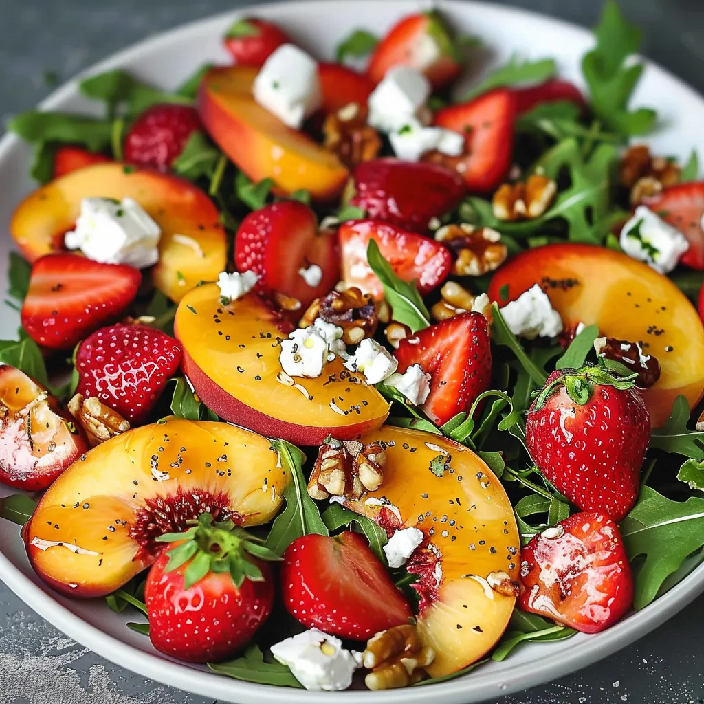 Ein weißer Teller mit einer Mischung aus frischen Früchten wie Strawberries, Peaches, Nuts und Spinach.