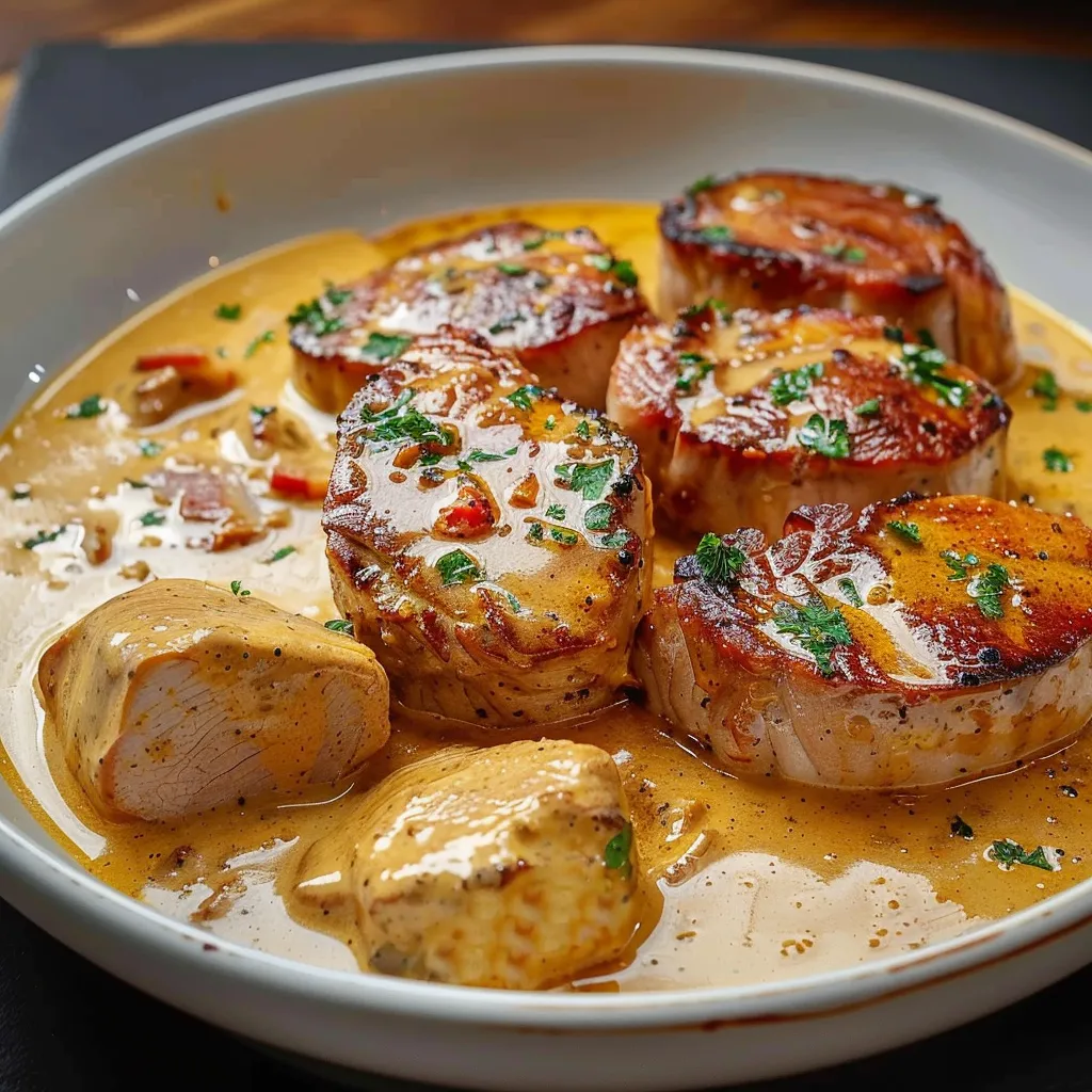 Ein weißer Teller mit einer Mischung aus Fleisch, Gemüse und Sauce.