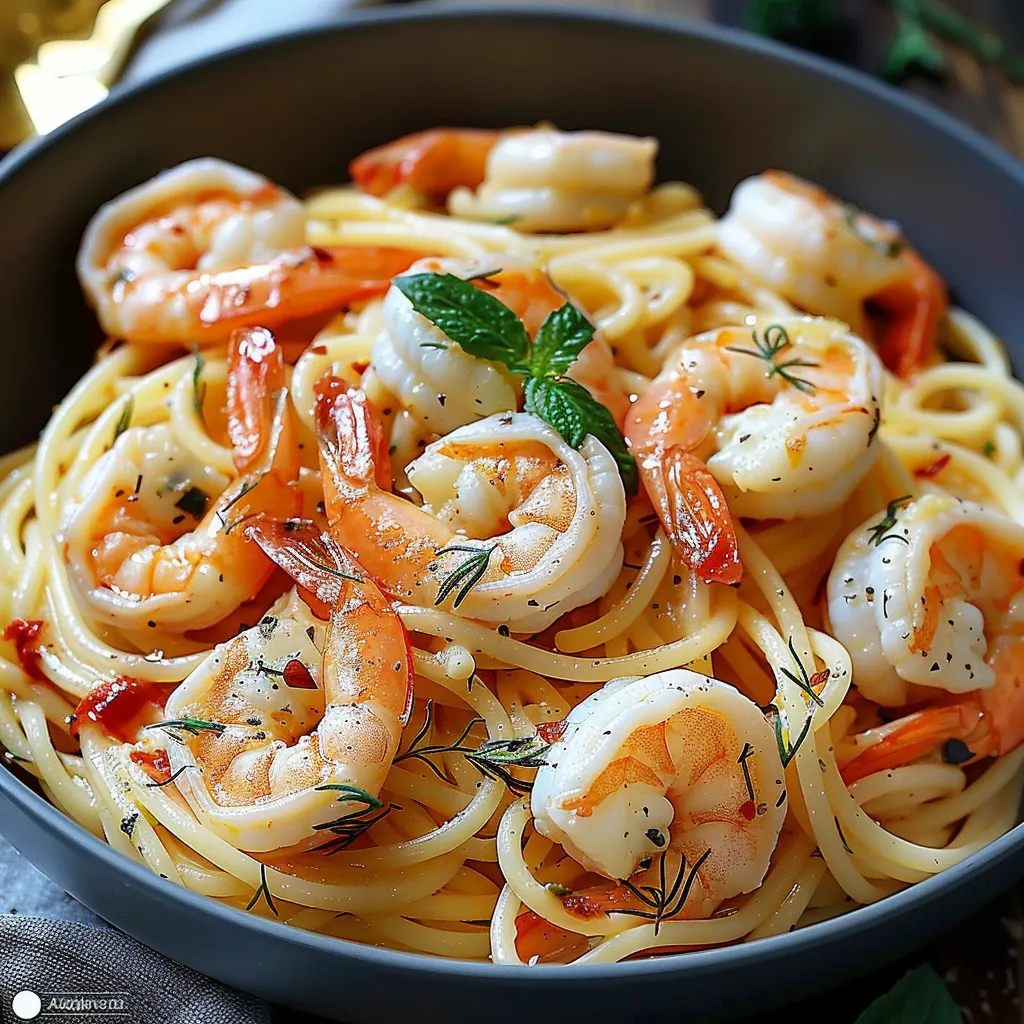 Ein Schmelztopf mit Pasta, Shrimp und Zwiebeln.