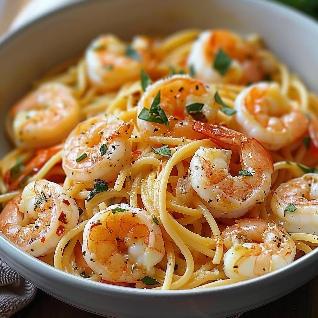 Ein weißer Teller mit Pasta und Shrimp.