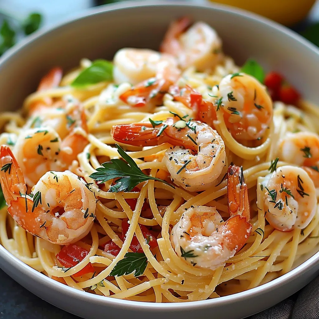 Ein Schmelztopf mit Pasta, Shrimp und Zwiebeln.