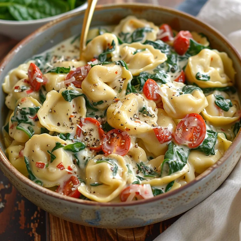 Ein großer, glatter, blau-grauer Teller mit einer Mischung aus Pasta, Tomaten, Spinat und Käse.