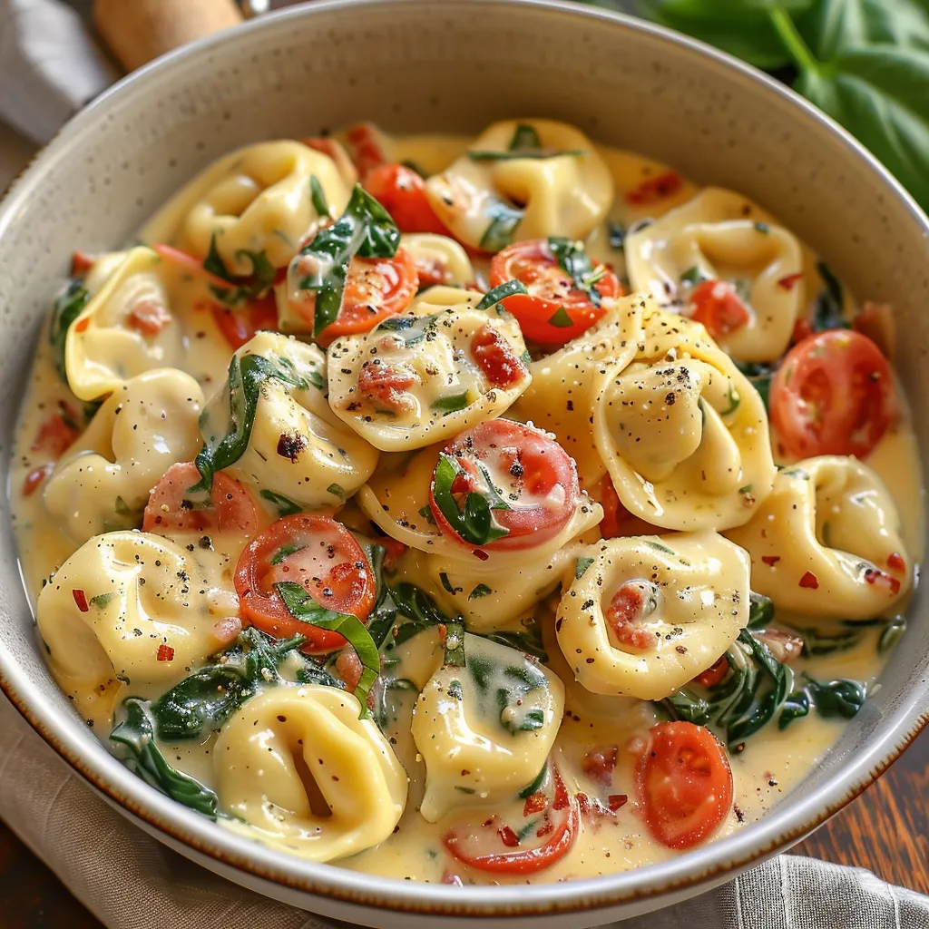 Ein Schüssel mit Pasta, Tomaten, Basilikum und Zwiebeln.
