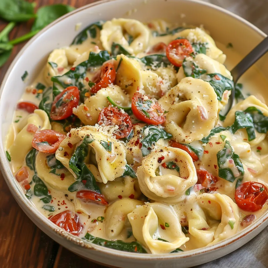 Ein weißer Teller mit einer Mischung aus Pasta, Tomaten, Basilikum und Parmesan.