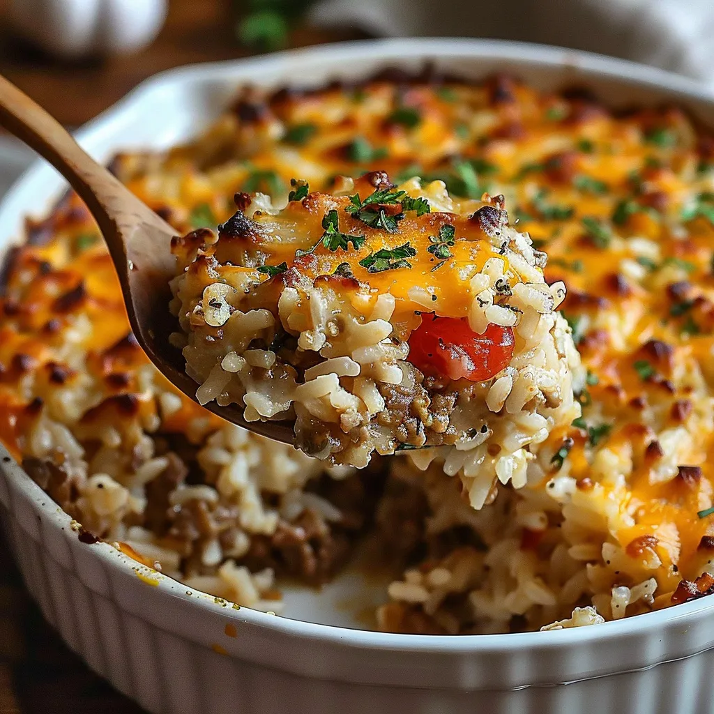 Ein weißer Teller mit einer Rice Casserole, die mit Tomaten, Zwiebeln und Käse garniert ist.