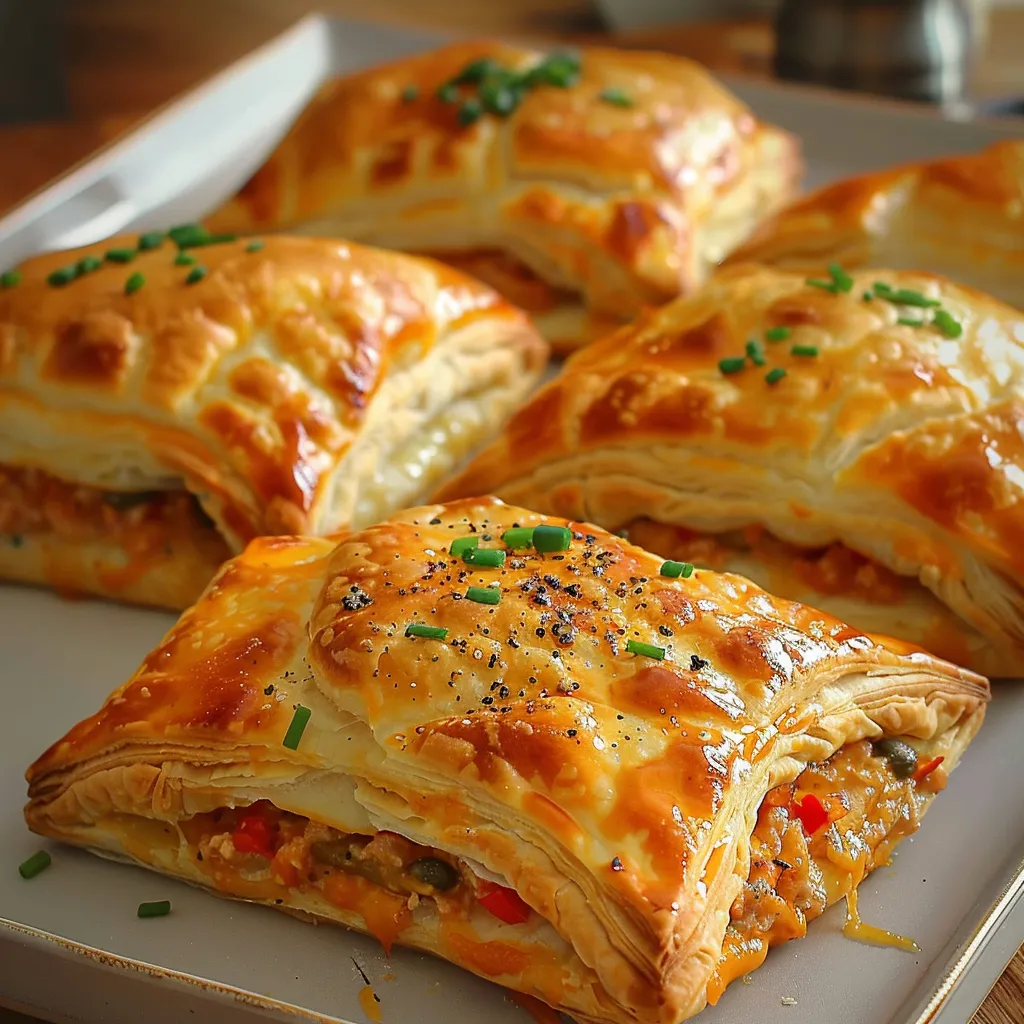 Ein weißer Teller mit sechs quadratischen, leicht gebackenen, mit Zwiebeln und Krusten garnierten Puff pastry.