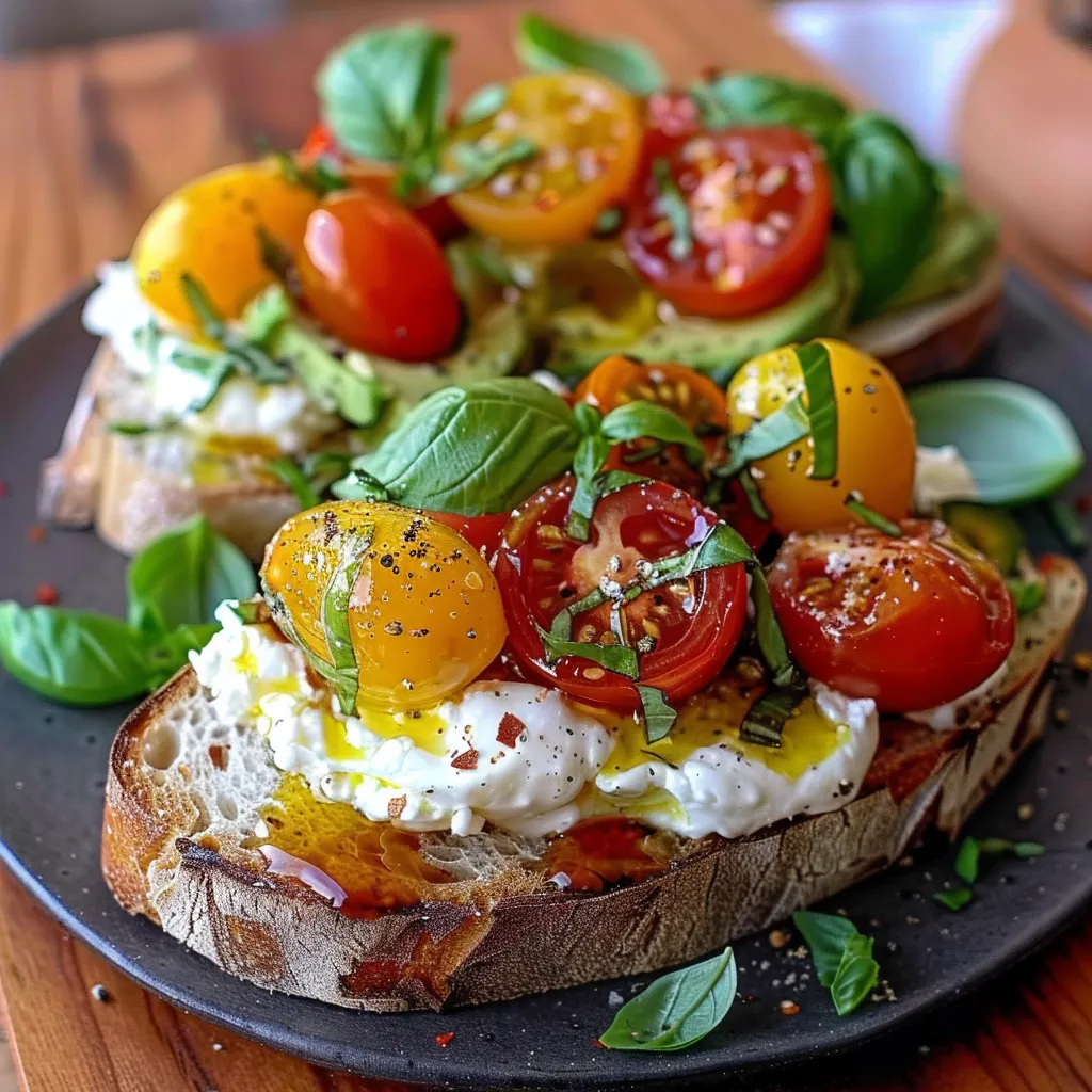Eine Platte mit Toast, Tomaten, Basilikum und Avocado.