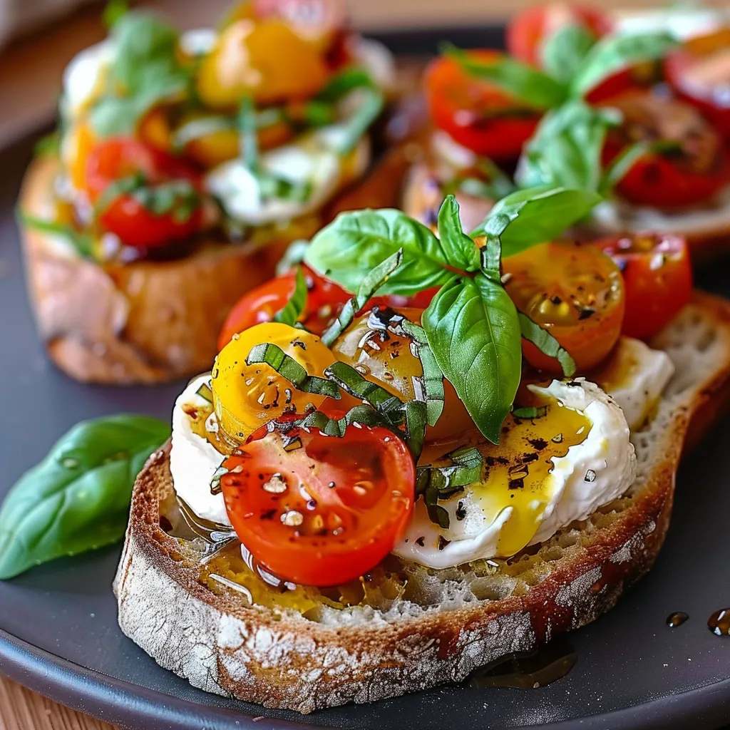 Eine Schüssel mit Toast mit Tomaten und Basilikum darauf.