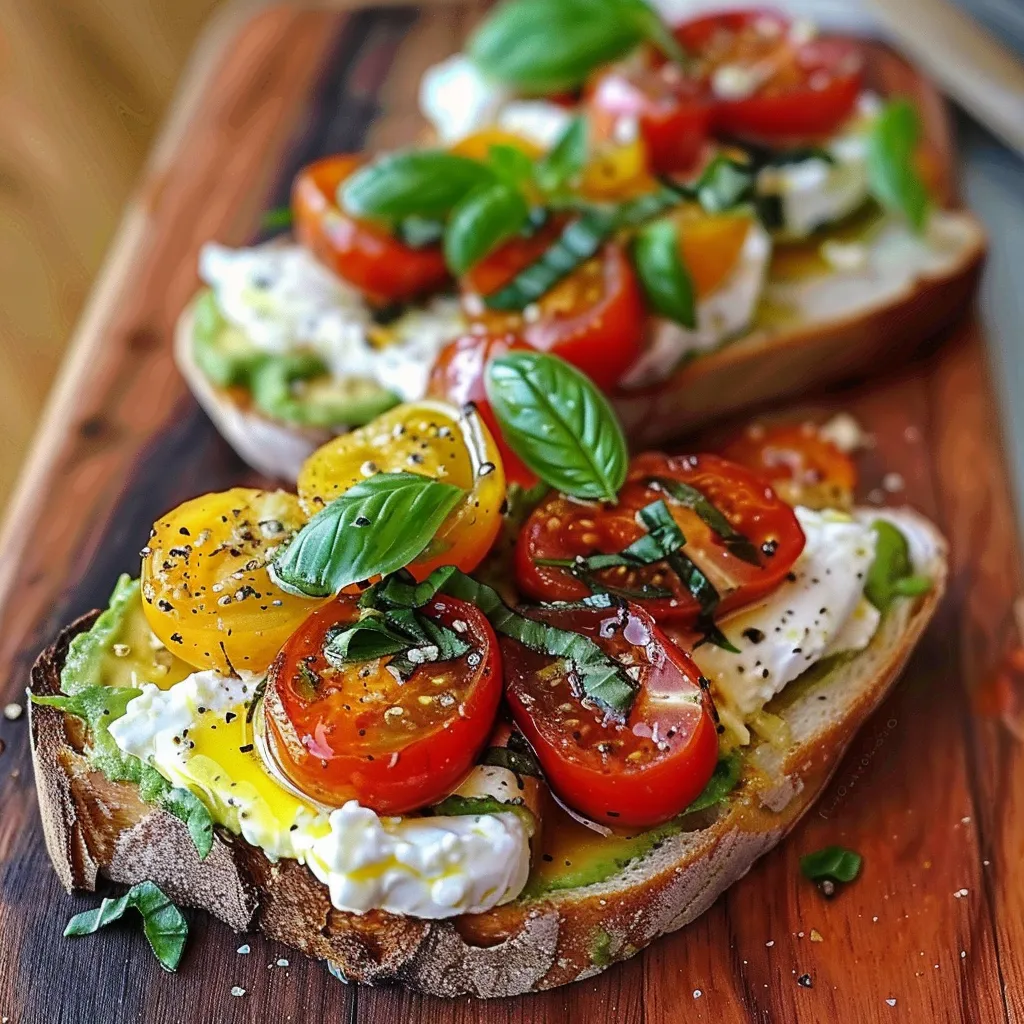 Zwei Toast mit Tomaten und Basilikum auf einem Brett.