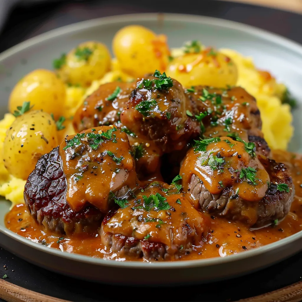Ein Plate mit Steak und Kartoffeln.