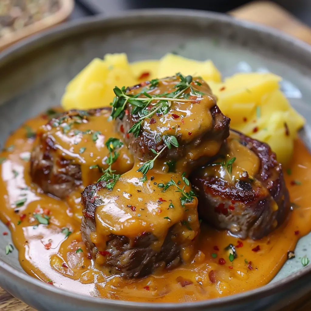 Ein Schüssel mit gegrilltem Fleisch, das mit Sauce bedeckt ist.