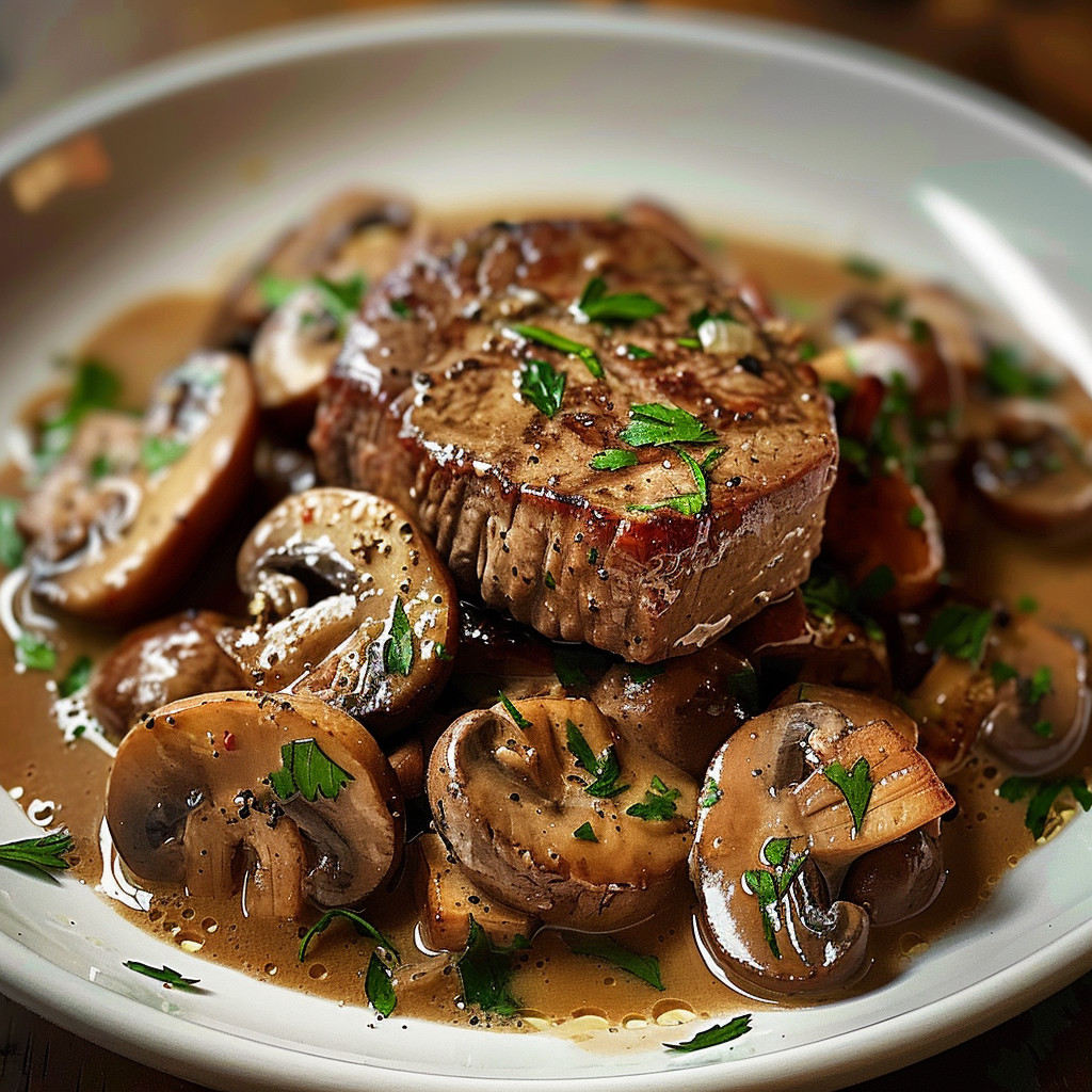 Ein weißer Teller mit einer Mischung aus Fleisch, Mushrooms und Zwiebeln.