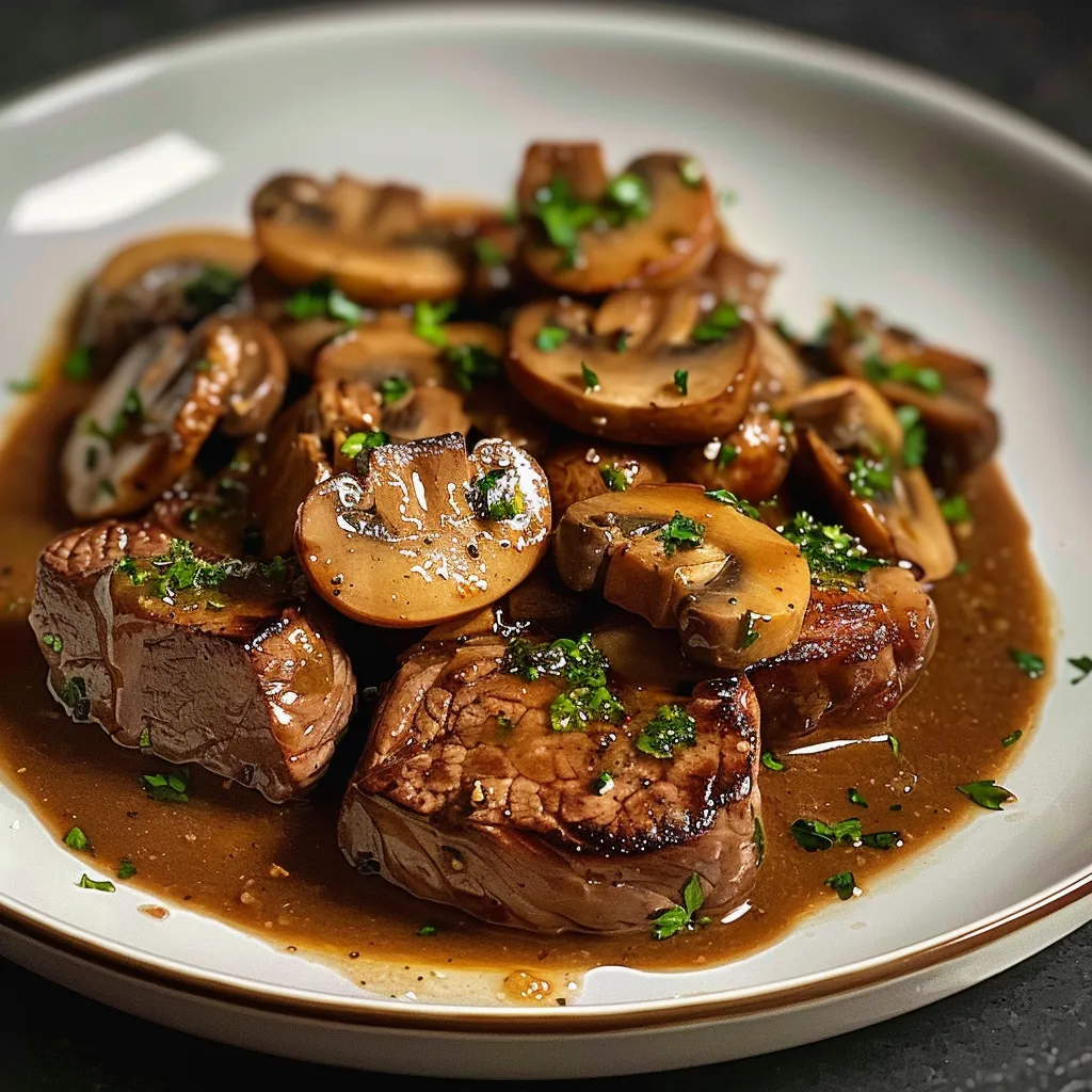 Ein weißer Teller mit einer Mischung aus Fleisch, Mushrooms und Zwiebeln.