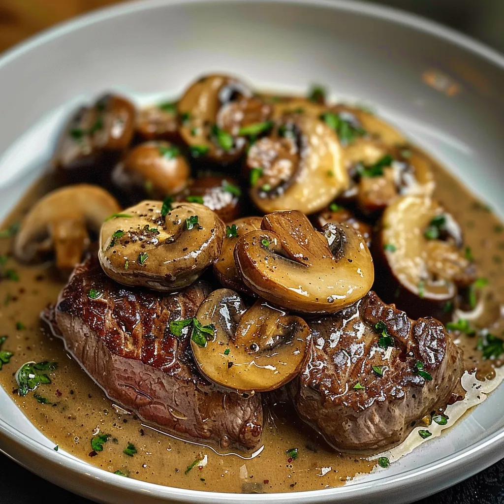 Ein weißer Teller mit einer Mischung aus Fleisch, Mushrooms und Zwiebeln.