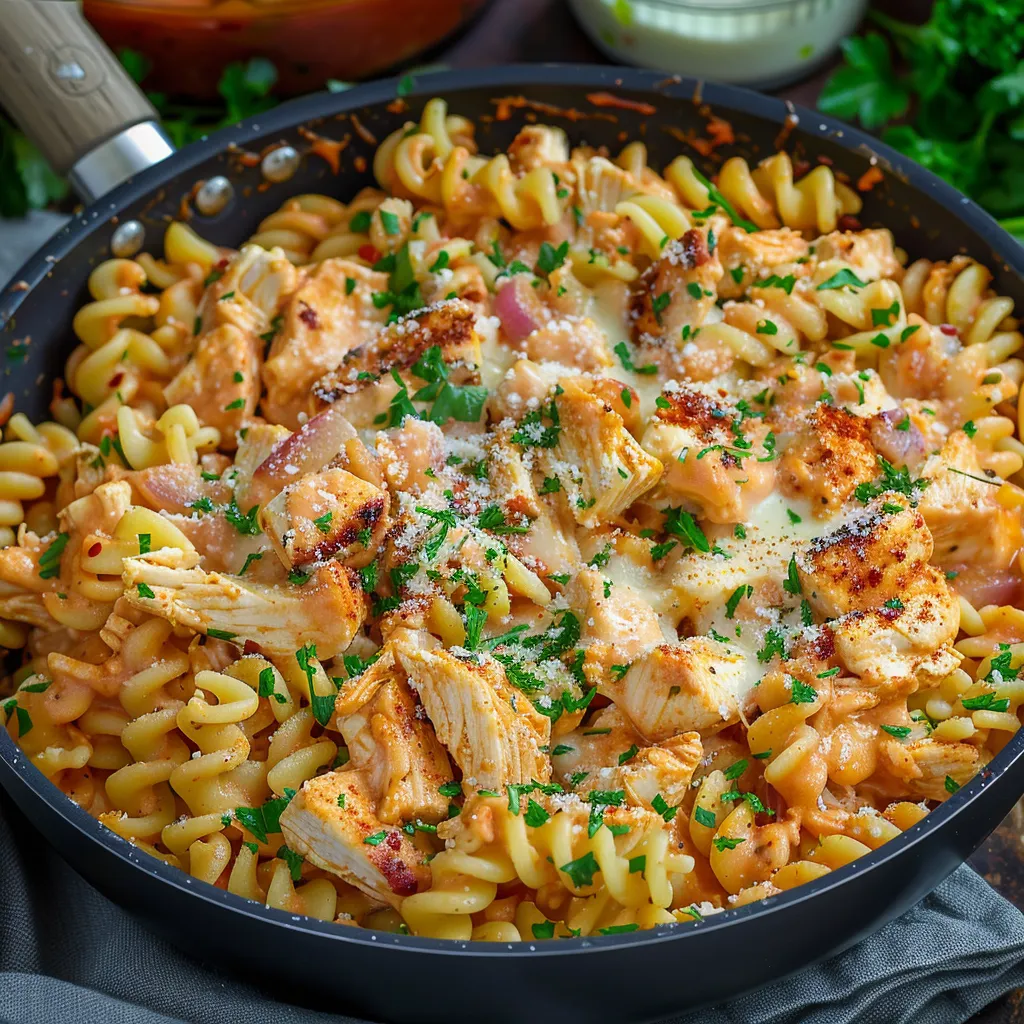 Ein Schalen mit Pasta und Zwiebeln.