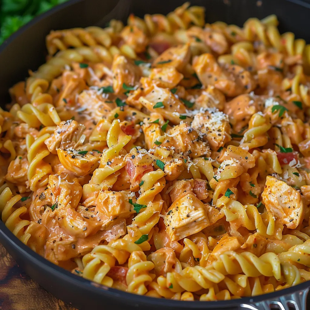 Ein Schälchen mit Pasta und Chicken.