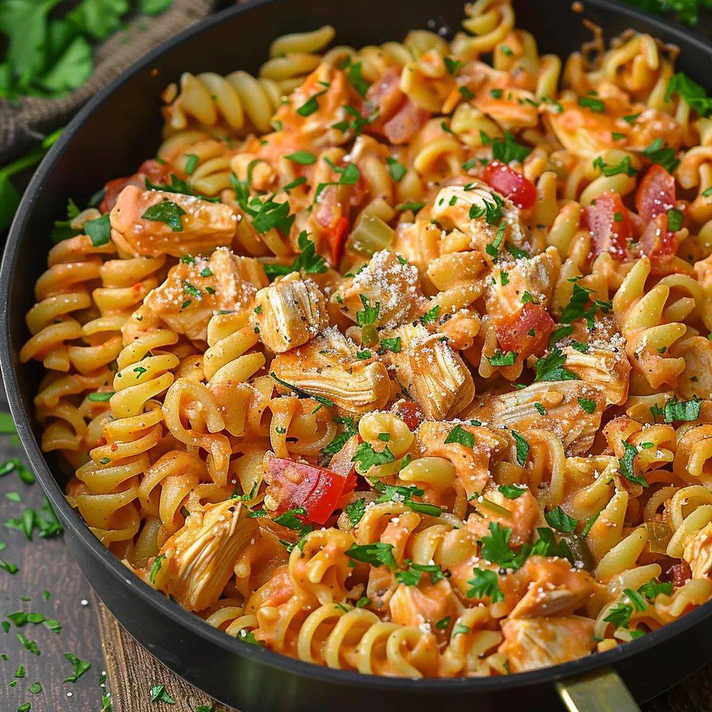 Ein schönes Pasta-Gericht in einem schwarzen Topf mit vielen Zutaten wie Tomaten, Zwiebeln, Knoblauch und Käse.
