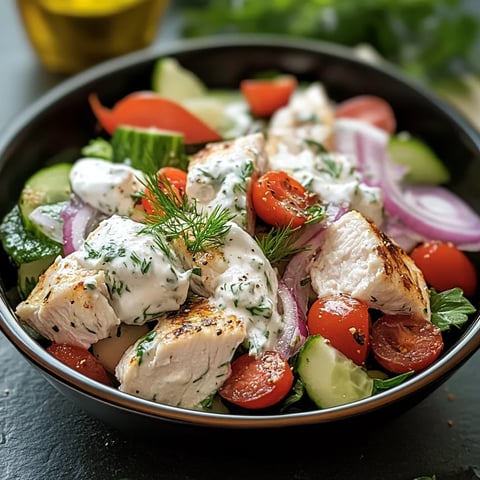 Salada de pollo con tomates, cebolla y pepinillo.