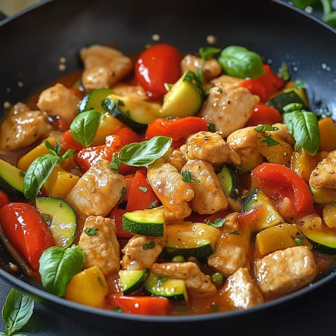 Una cacerola llena de carne de pollo y verduras.