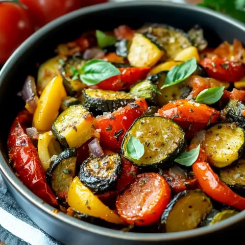 Ein Schüssel mit einer Mischung aus Zucchini, Tomaten, Paprika und Basilikum.