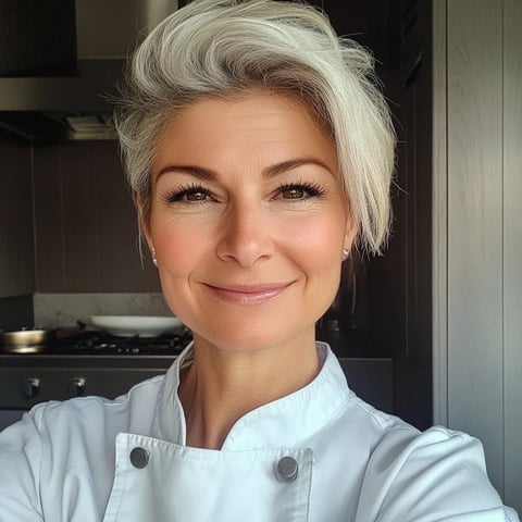 Eine Frau mit blonden Haaren, die in einem Küchenkabinett steht. Sie trägt eine weiße Bluse und einen Apron.