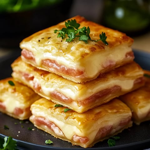 Eine Platte mit Blätterteig, Schinken und Käse.