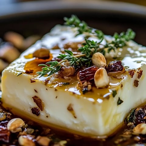 Eine Schmelzkäseplatte mit Honig, Thymian und Nüssen.