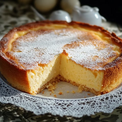 Ein Käsekuchen mit einer Schicht aus frischem Käse und Zucker auf einem Teller.