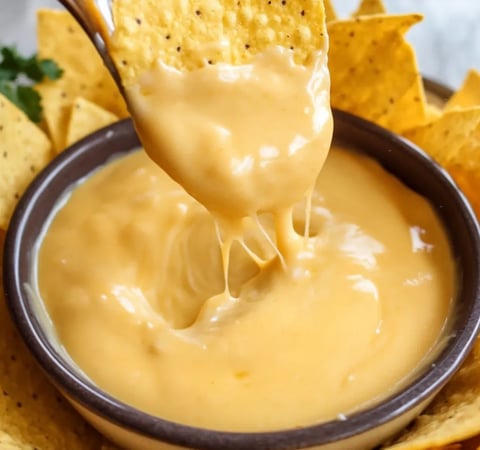 Eine Schüssel mit cremiger Käsesauce, die mit einer Gabel gestochen wird.
