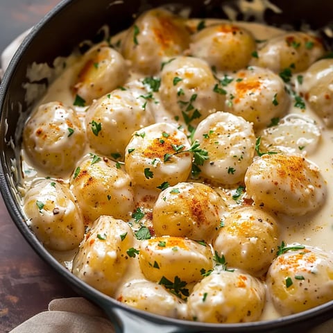 Ein Schalen mit gegrillten Paprika, die in einer cremigen Sauce serviert werden.