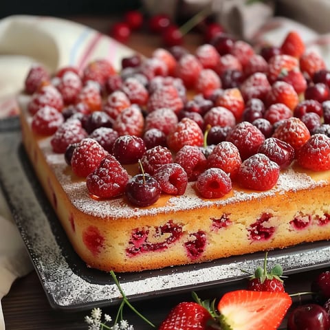 Eine Tafel mit einer süßen Raspberry-Kuche, die mit Raspberry-Fruchtstücken und Zucker bestreut ist.