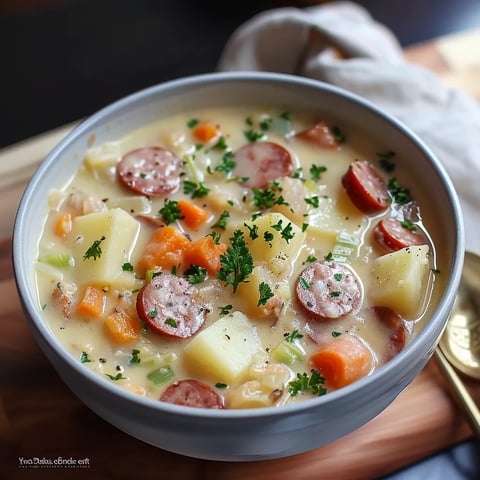 Ein weißes Teller mit einer Mischung aus Kartoffeln, Karotten, Zwiebeln und Wurst.