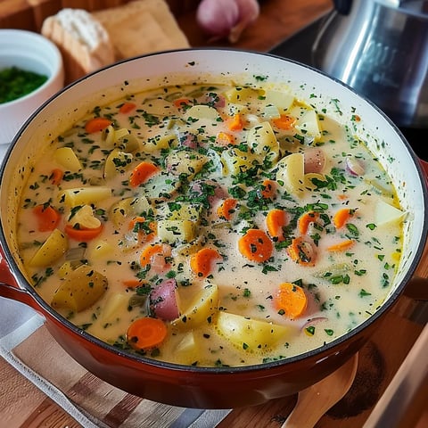 Ein großer Topf mit einer Mischung aus Gemüse, darunter Karotten, Zwiebeln und Knoblauch, auf einem Tisch.