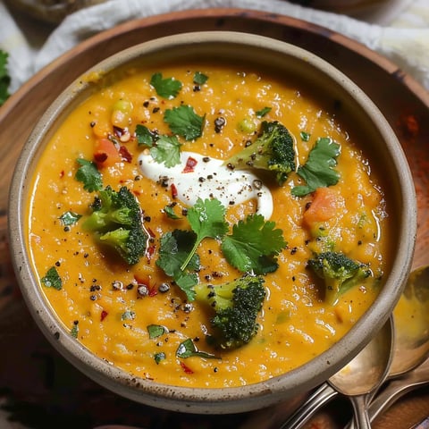 Ein Topf mit einer cremigen Suppe, die mit Broccoli und Parmesan gerichtet ist.
