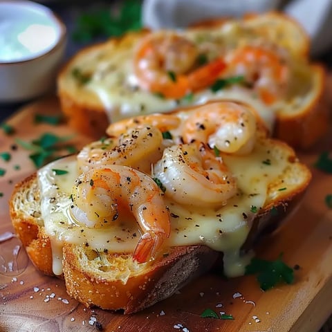 Zwei Scheiben Toast mit Shrimp und Käse auf einem Holzblock.