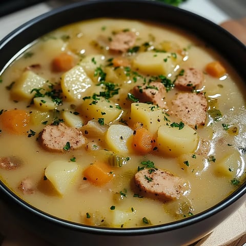 Eine Schüssel mit einer Suppe, die aus Kartoffeln, Zwiebeln und Schweinefleisch hergestellt wurde.