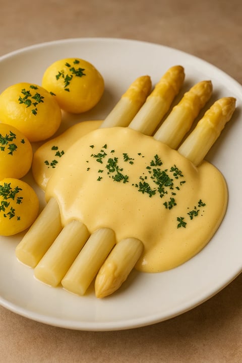 Eine Platte mit einer Hand, die mit Sauce bedeckt ist, und einer Handvoll Asparagus.