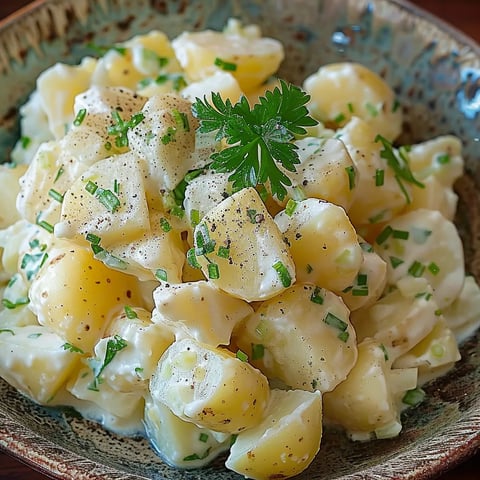Ein großer, gefüllter Salat aus Kartoffeln, Zwiebeln und Knoblauch auf einem Teller.